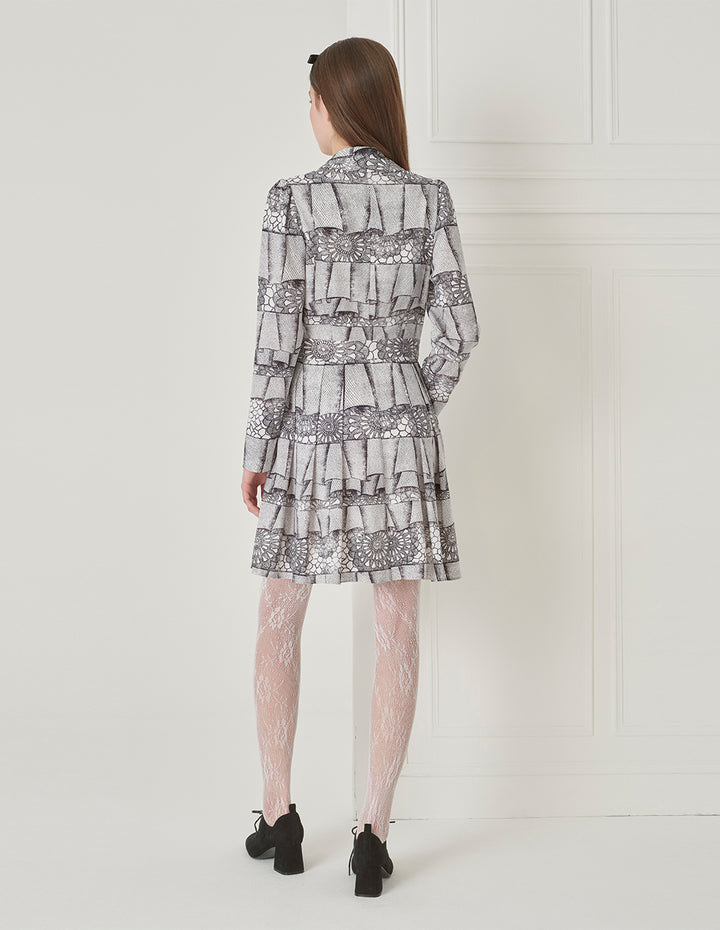BORA AKSU Notched Lapel Puff Sleeve Abstract Print Long-Sleeved Dress