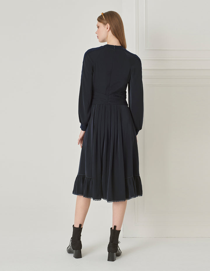 BORA AKSU French Puff Sleeve Elegant Pleated Knit Woven Dress