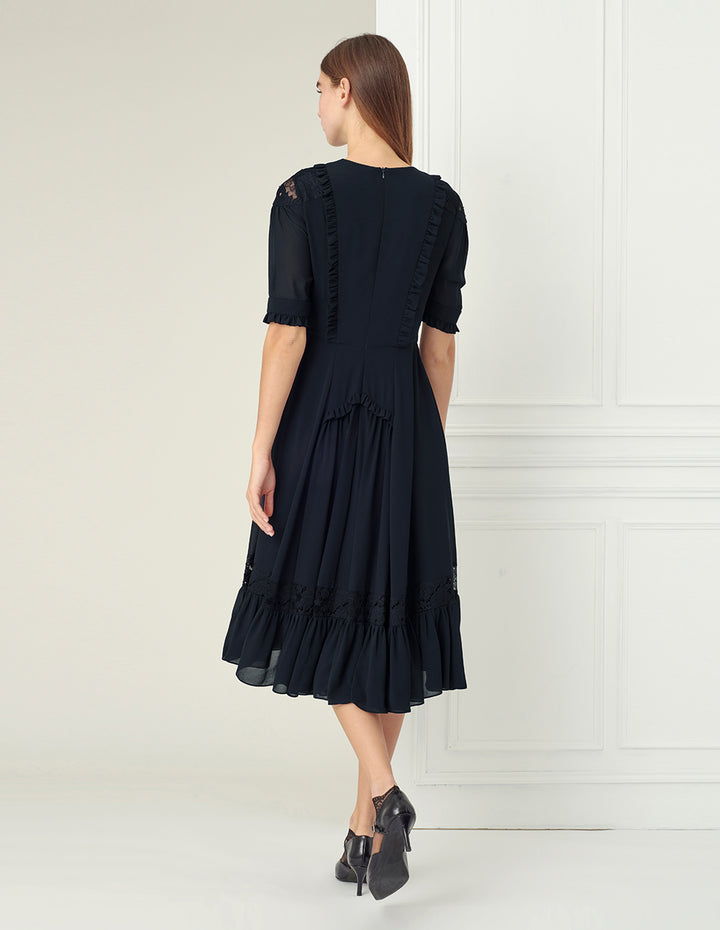 BORA AKSU Navy Blue Lace Stitching Dress
