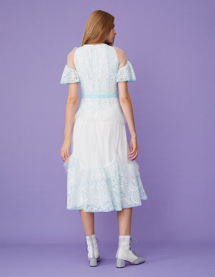 BORA AKSU Runway Lace And Tulle Wide Sleeve Ruffle Midi Dress