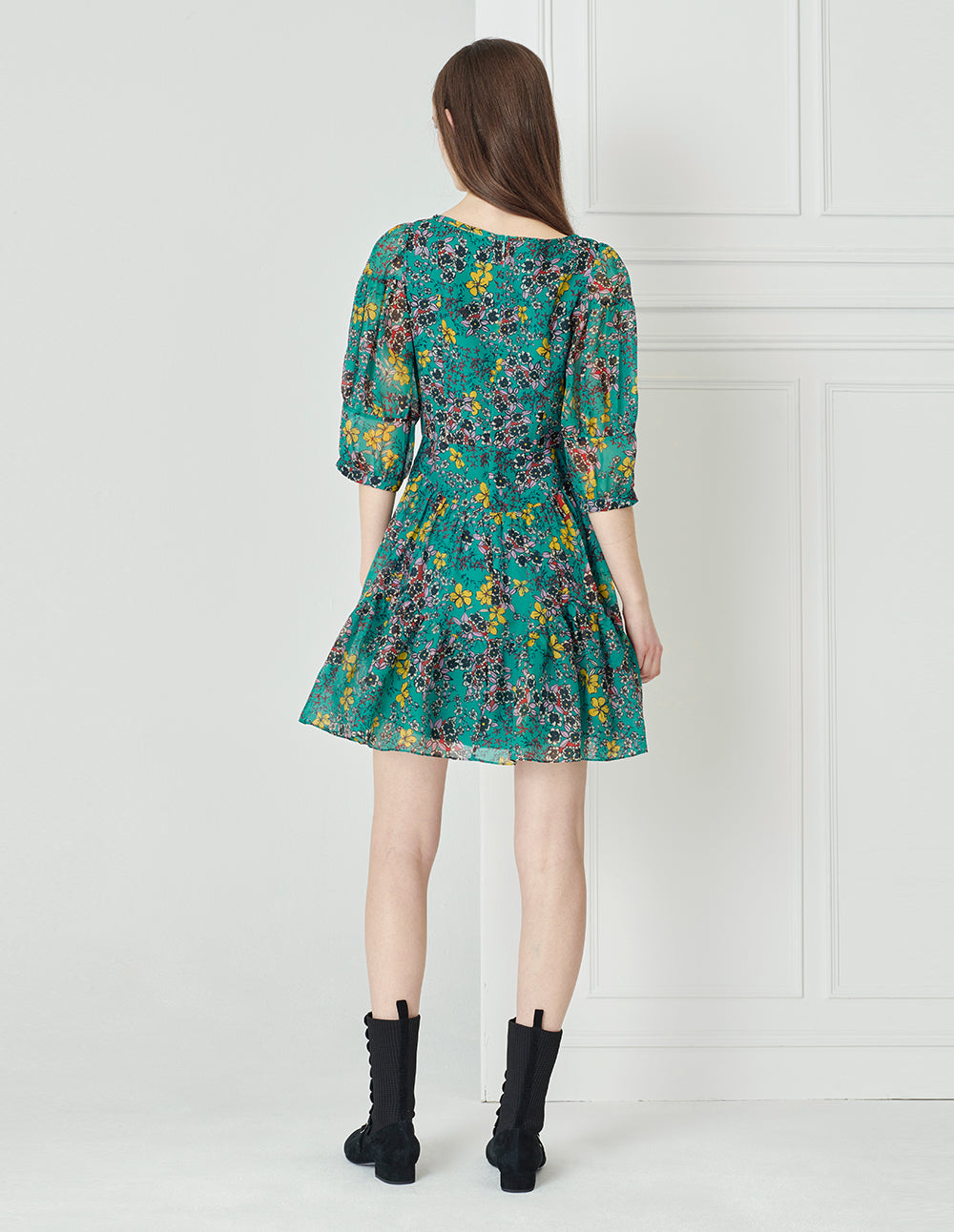 BORA AKSU Colourful Printed Silk Puff Sleeve Dress On Blue