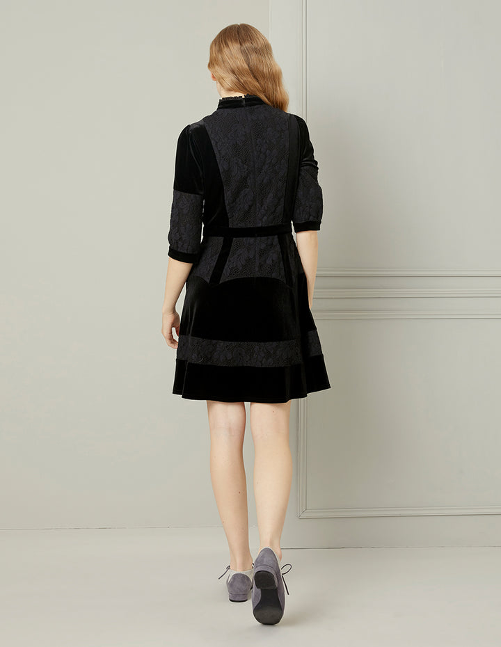 BORA AKSU Black Velvet Lace Turtleneck Fit-And-Flare Mini Dress