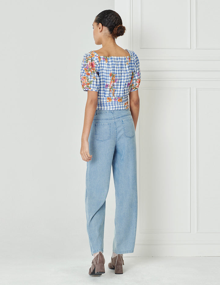 BORA AKSU Vintage Diamond Neck Pleated Print Top