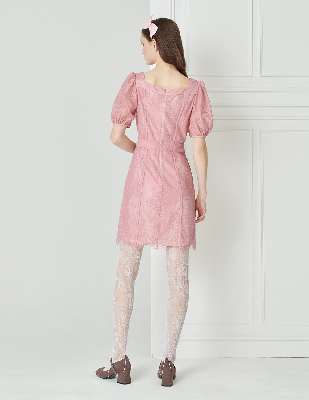 BORA AKSU Diamond Neck Slim Lace Dress