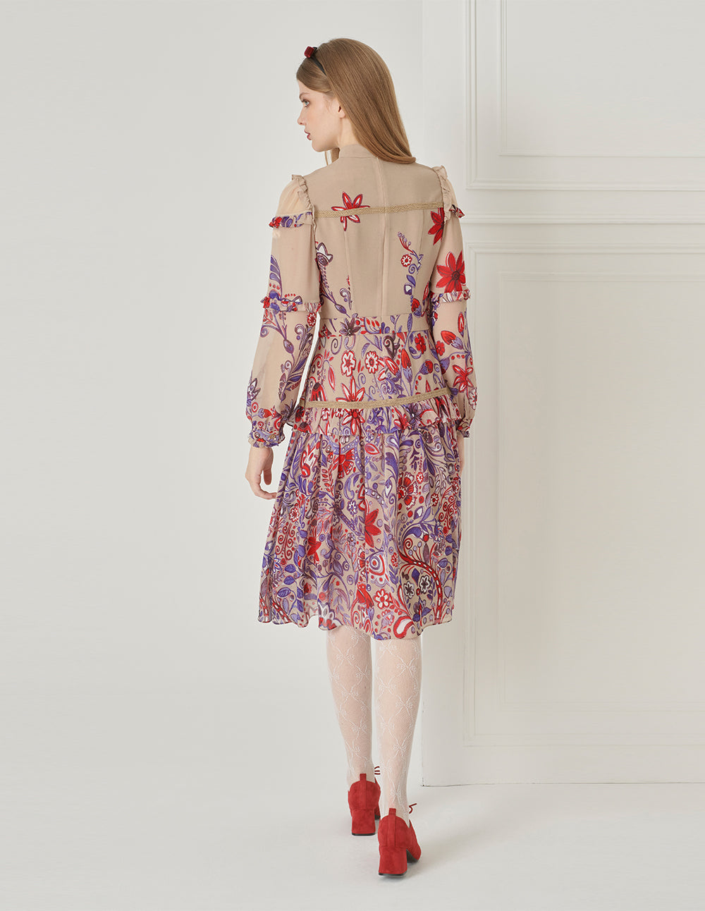 BORA AKSU French Sweet Stand-Up Collar Puff Sleeve Printed Dress