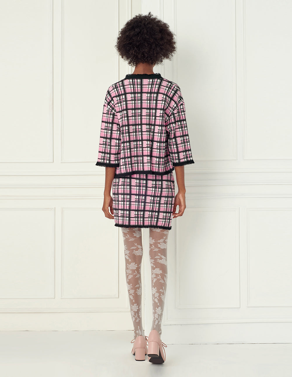 BORA AKSU Retro pink check frayed knitted mini skirt