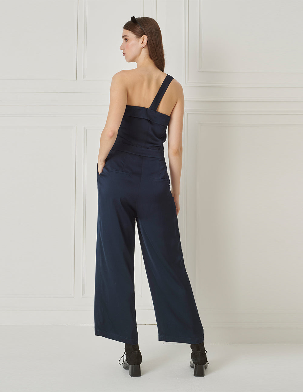 BORA AKSU Acetate Oblique Strap Strapless Navy Blue Jumpsuit
