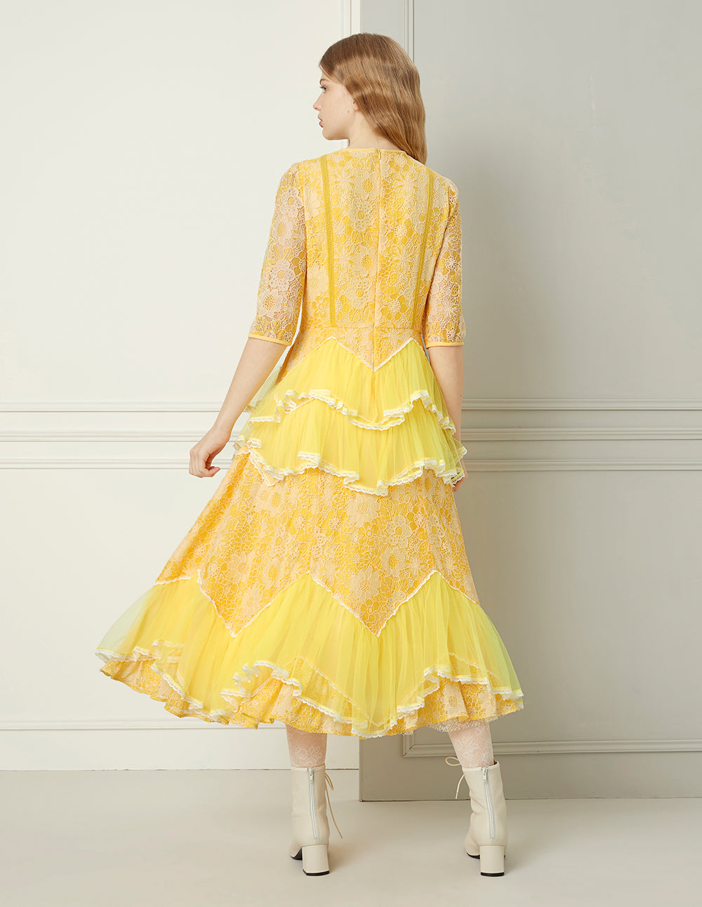 BORA AKSU Daffodil Mesh Ruffled Lace Mid-Sleeve Long Dress