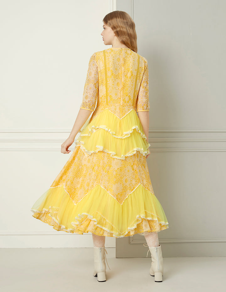 BORA AKSU Daffodil Mesh Ruffled Lace Mid-Sleeve Long Dress