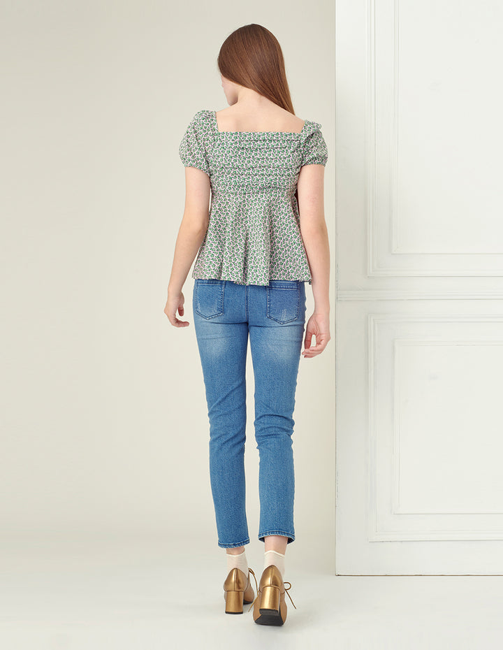 BORA AKSU Light green floral print V-neck short sleeved top