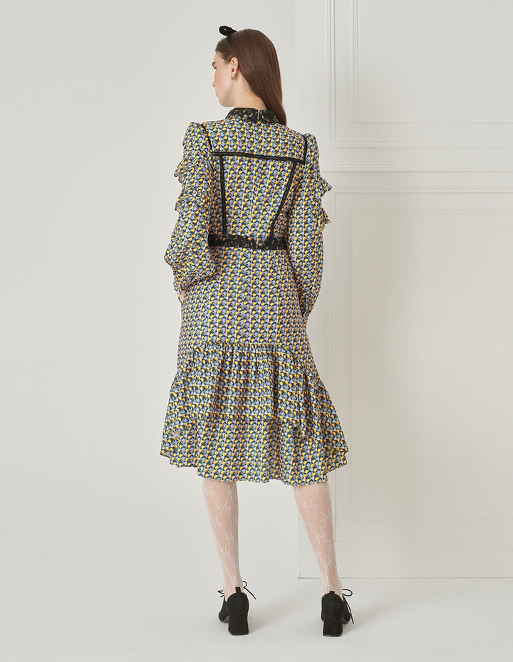 BORA AKSU Puff Sleeve Lace Patchwork Polka Dot Print Dress