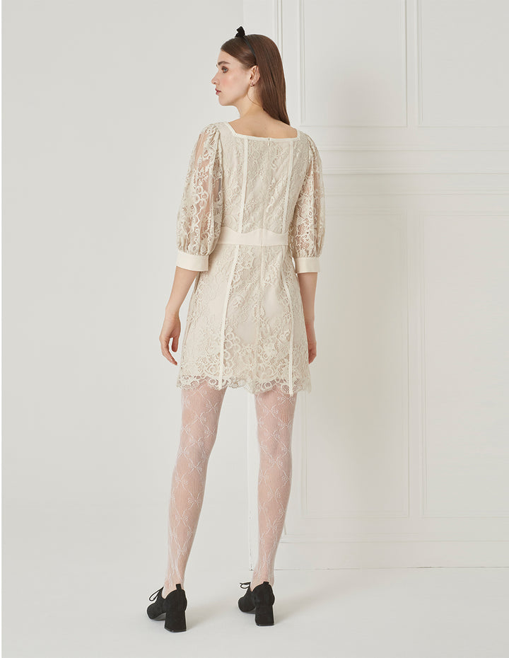 BORA AKSU French Vintage Puff Sleeve Diamond Collar Lace Dress