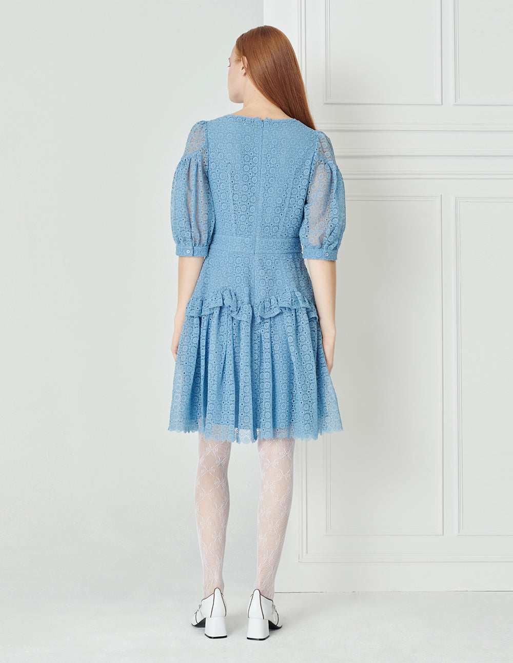 BORA AKSU Diamond Neck Ruffle Pleated Lace Dress