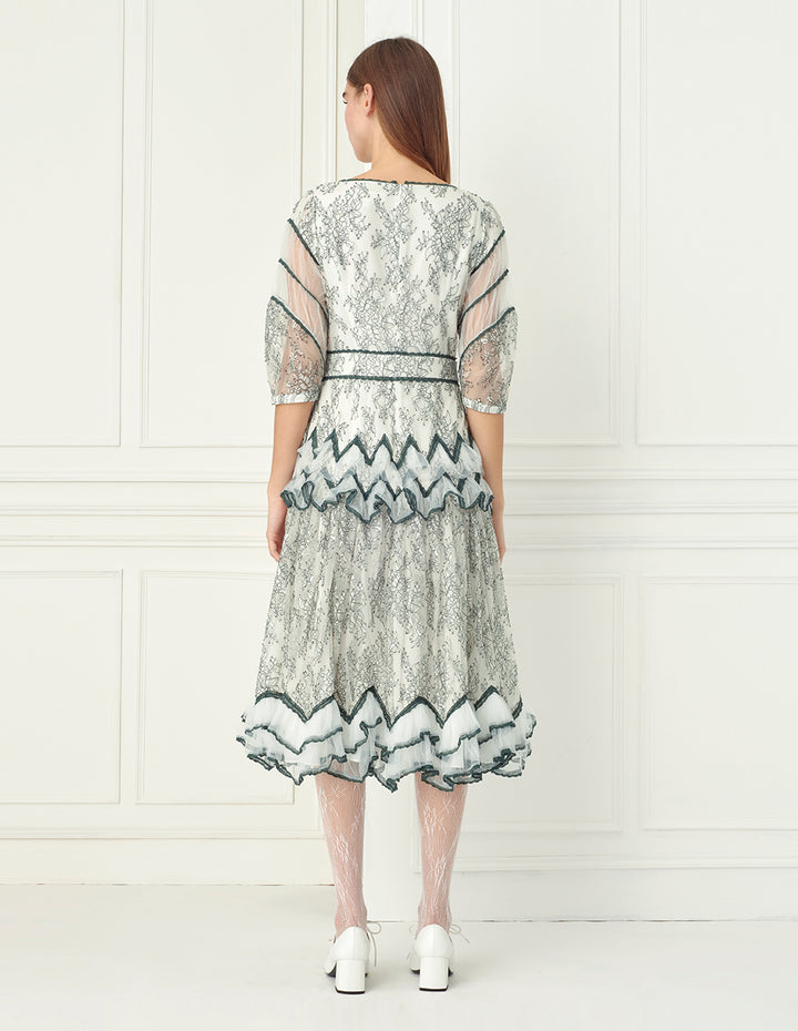 BORA AKSU Lace-Trimmed Floral Lace Square Neck Midi Dress