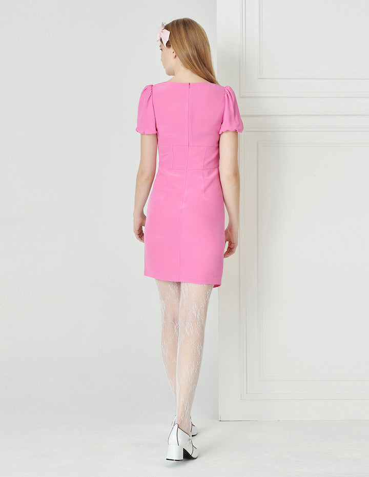 BORA AKSU Puff-Sleeved Square-Neck Acetate Pleated Wrap-Hip Dress