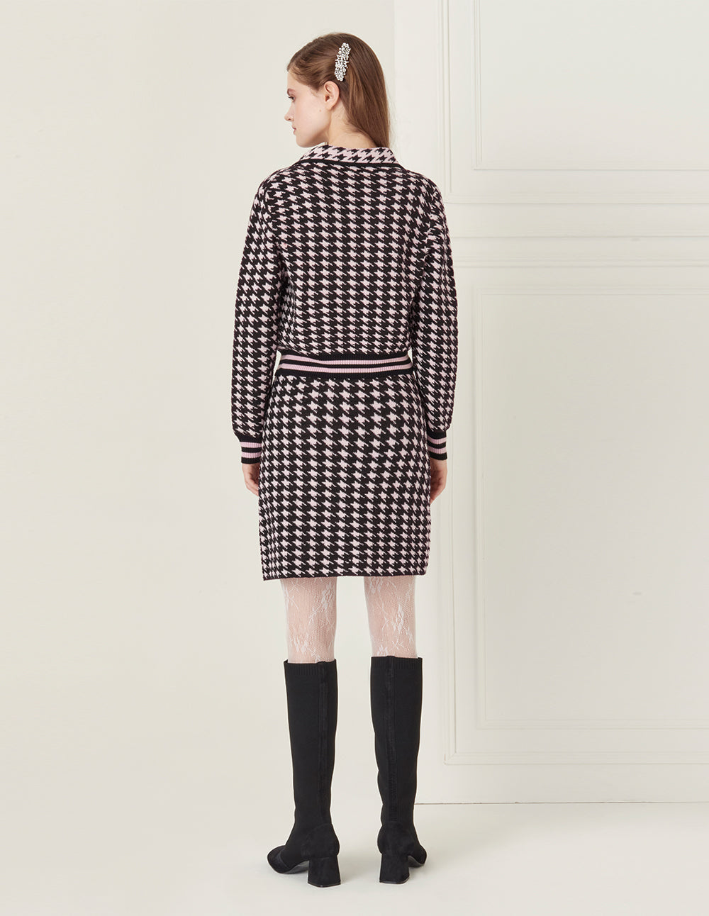 BORA AKSU Black Pink Houndstooth Knitted Skirt