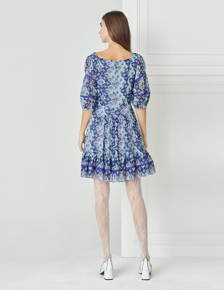 BORA AKSU Blue-Toned Japanese-Style Print Square-Neck Printed Pleated Dress