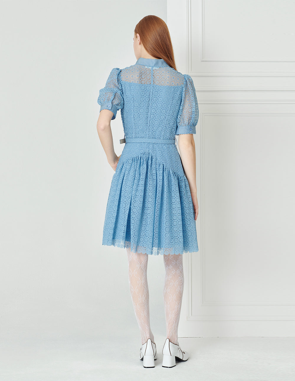 BORA AKSU Petal Trim Lace Pleated  Shirt Dress
