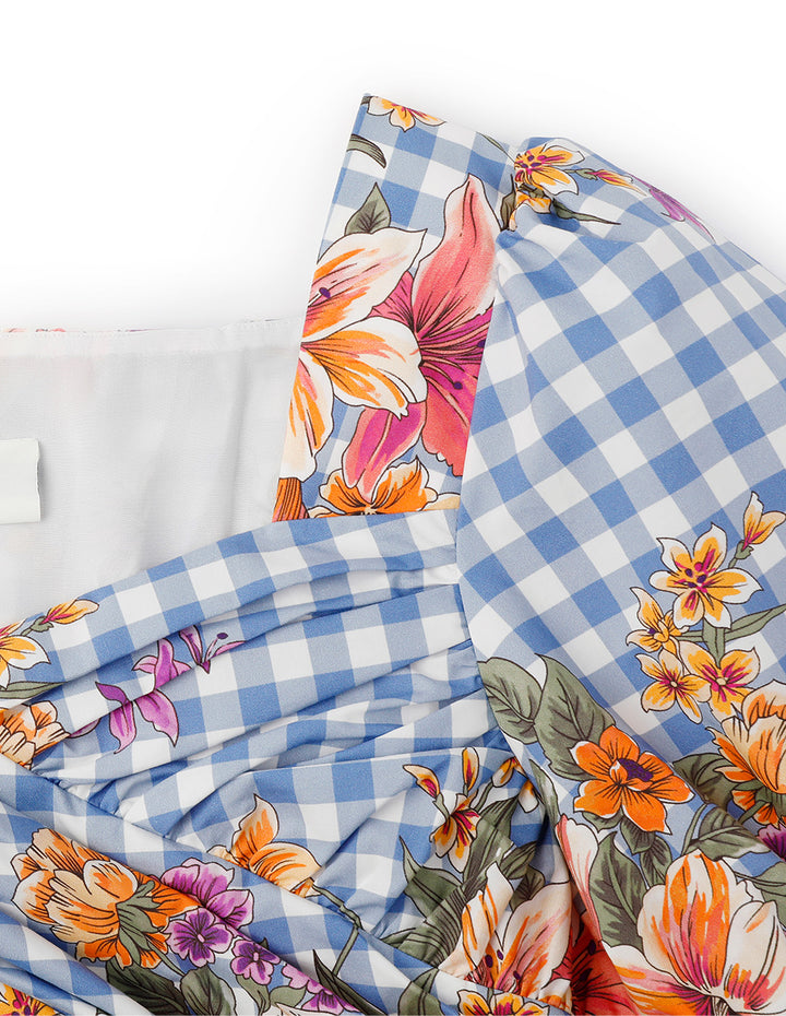 BORA AKSU Vintage Diamond Neck Pleated Print Top