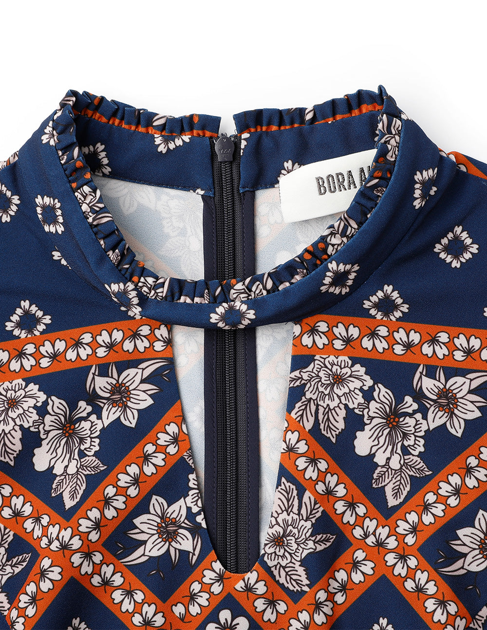 BORA AKSU Puff Sleeve Cutout Stand Collar Printed Pleated Dress