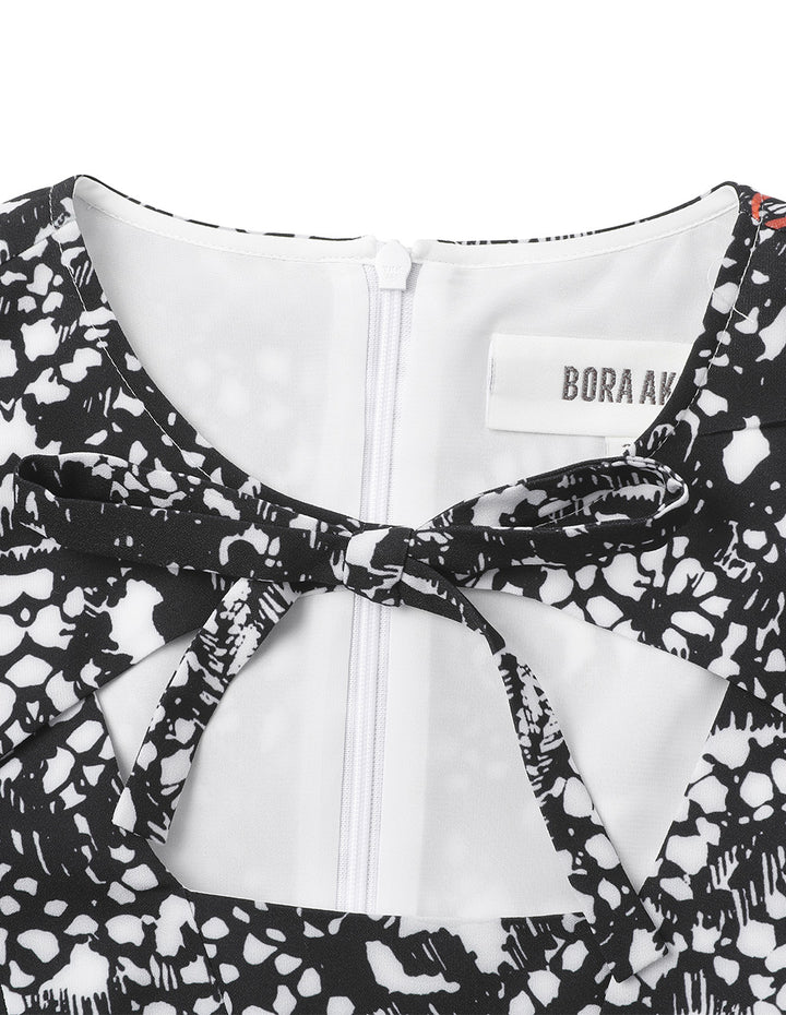 BORA AKSU Temperament Hollow Collar Puff Sleeve Lace Print Dress