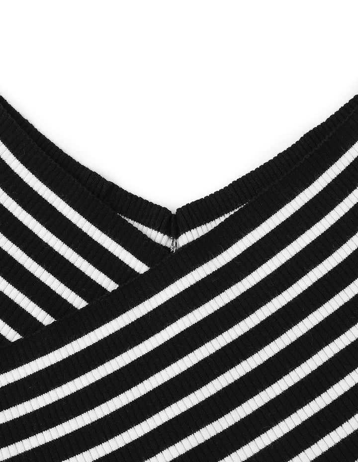 BORA AKSU Black and White Striped Chest Cross Neck Knit Sweater