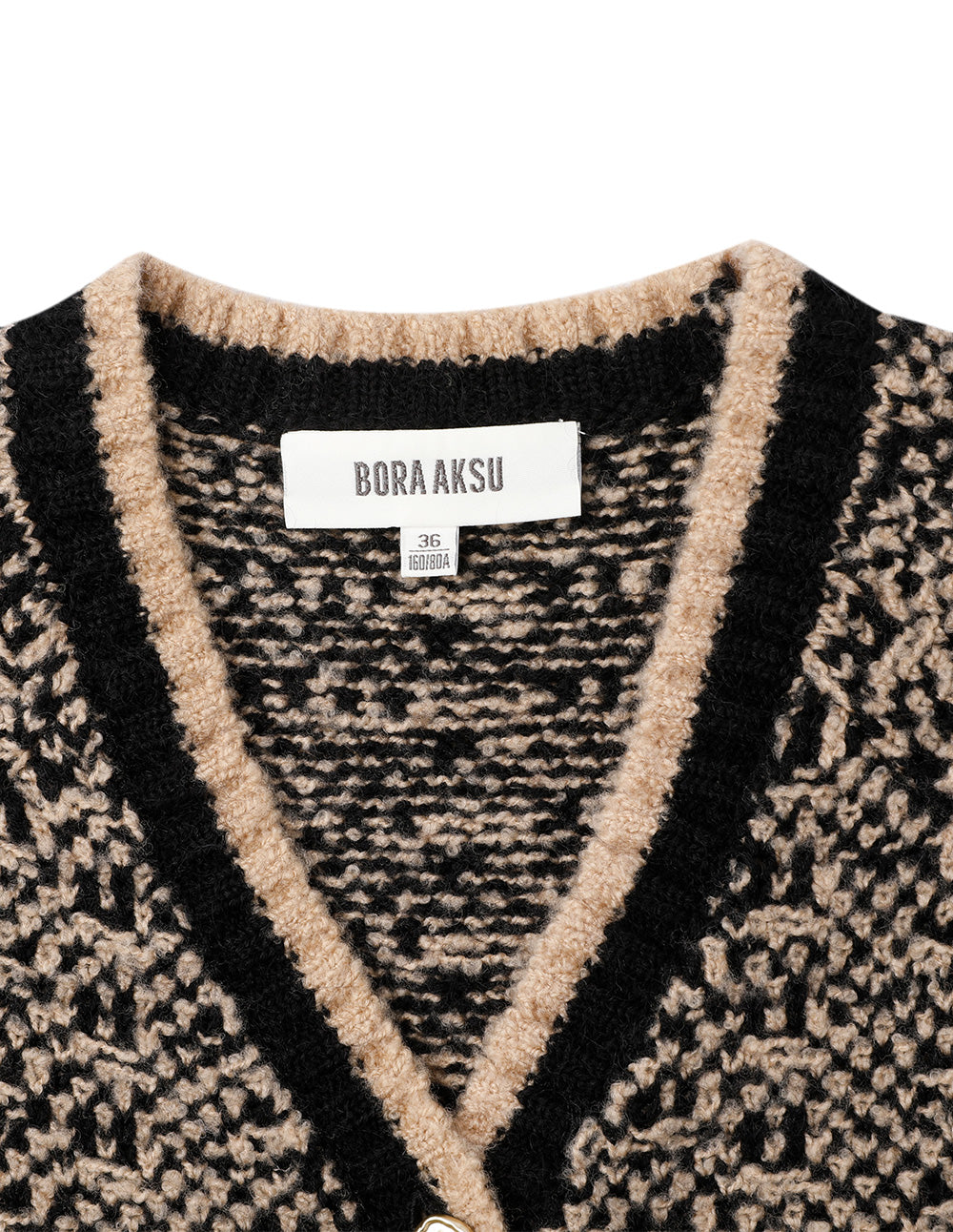 BORA AKSU Camel Jacquard V-Neck Loose Wool Knit Cardigan