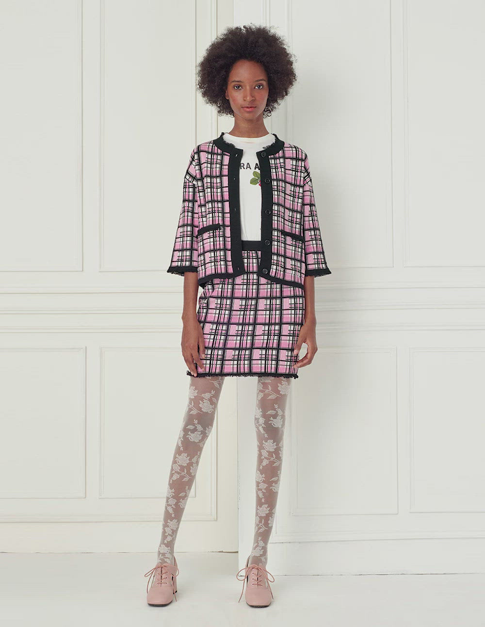 BORA AKSU Retro pink check frayed knitted mini skirt