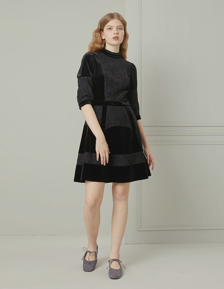 BORA AKSU Black Velvet Lace Turtleneck Fit-And-Flare Mini Dress