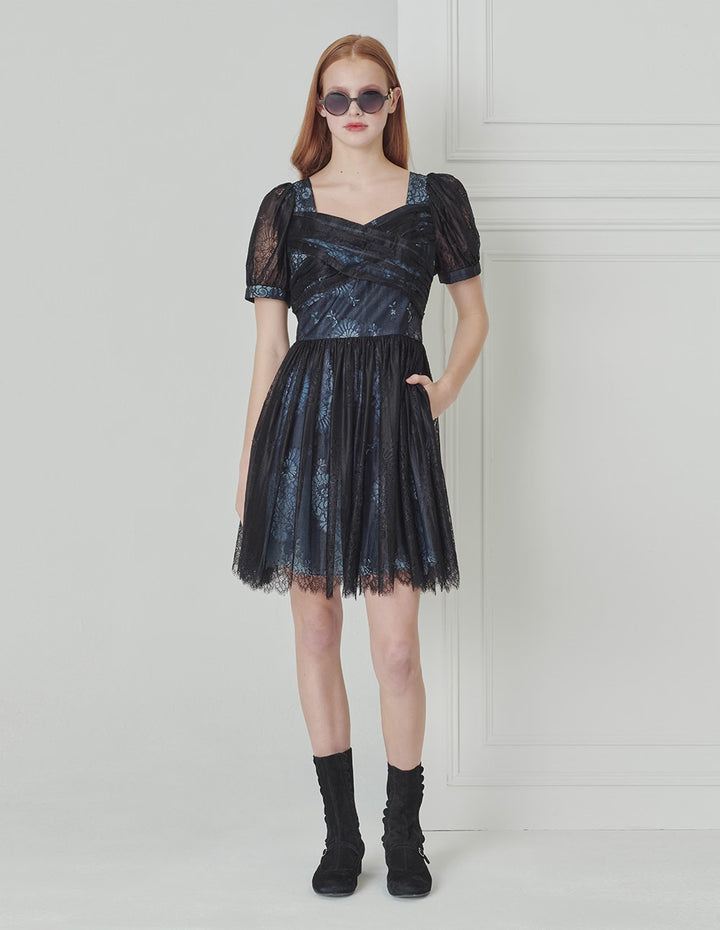 BORA AKSU French Lace Neck Pleated Dress