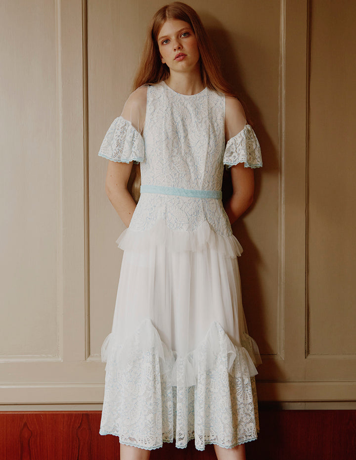 BORA AKSU Runway Lace And Tulle Wide Sleeve Ruffle Midi Dress