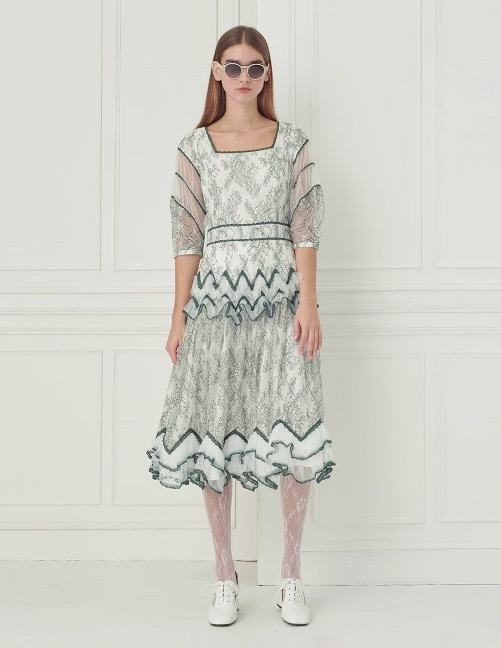 BORA AKSU Lace-Trimmed Floral Lace Square Neck Midi Dress