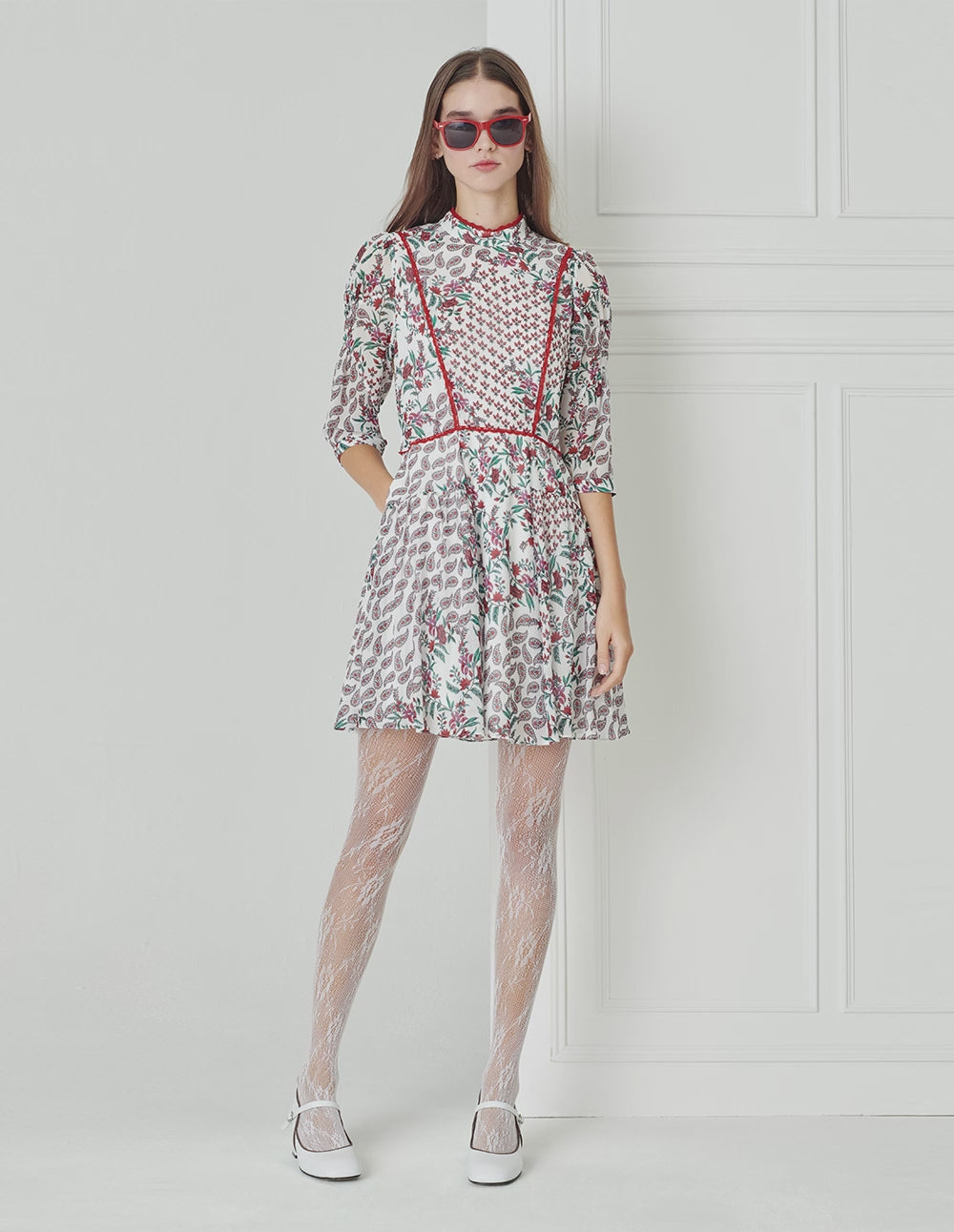BORA AKSU Sweet Shortcollar Puff Sleeve Paisley Print Dress