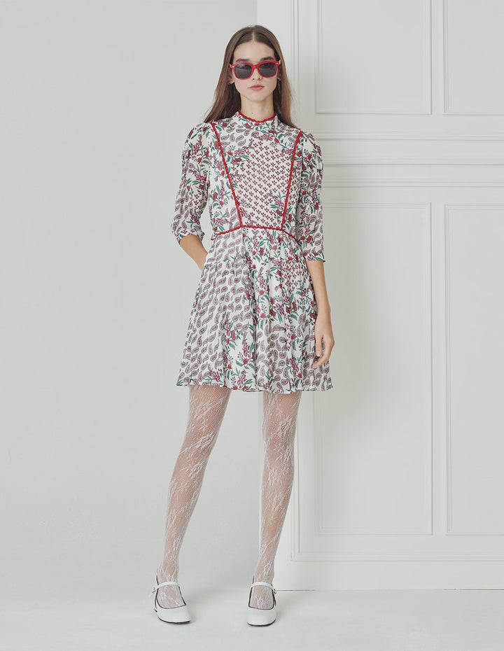 BORA AKSU Sweet Shortcollar Puff Sleeve Paisley Print Dress
