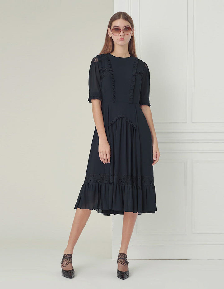 BORA AKSU Navy Blue Lace Stitching Dress