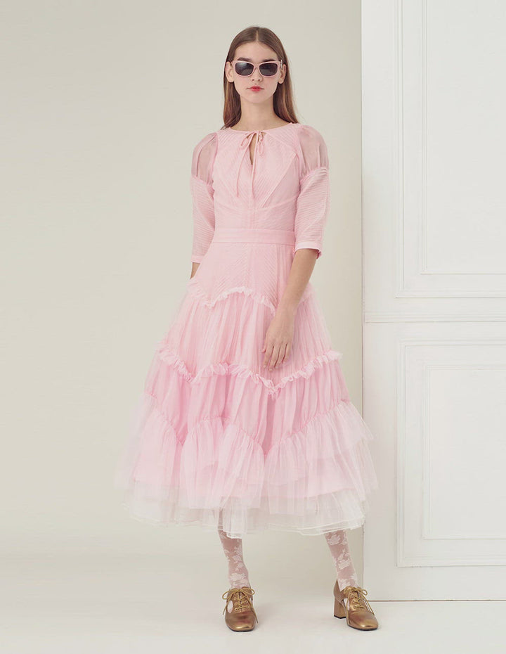 BORA AKSU Pintuck Detail Tulle Tier Dress