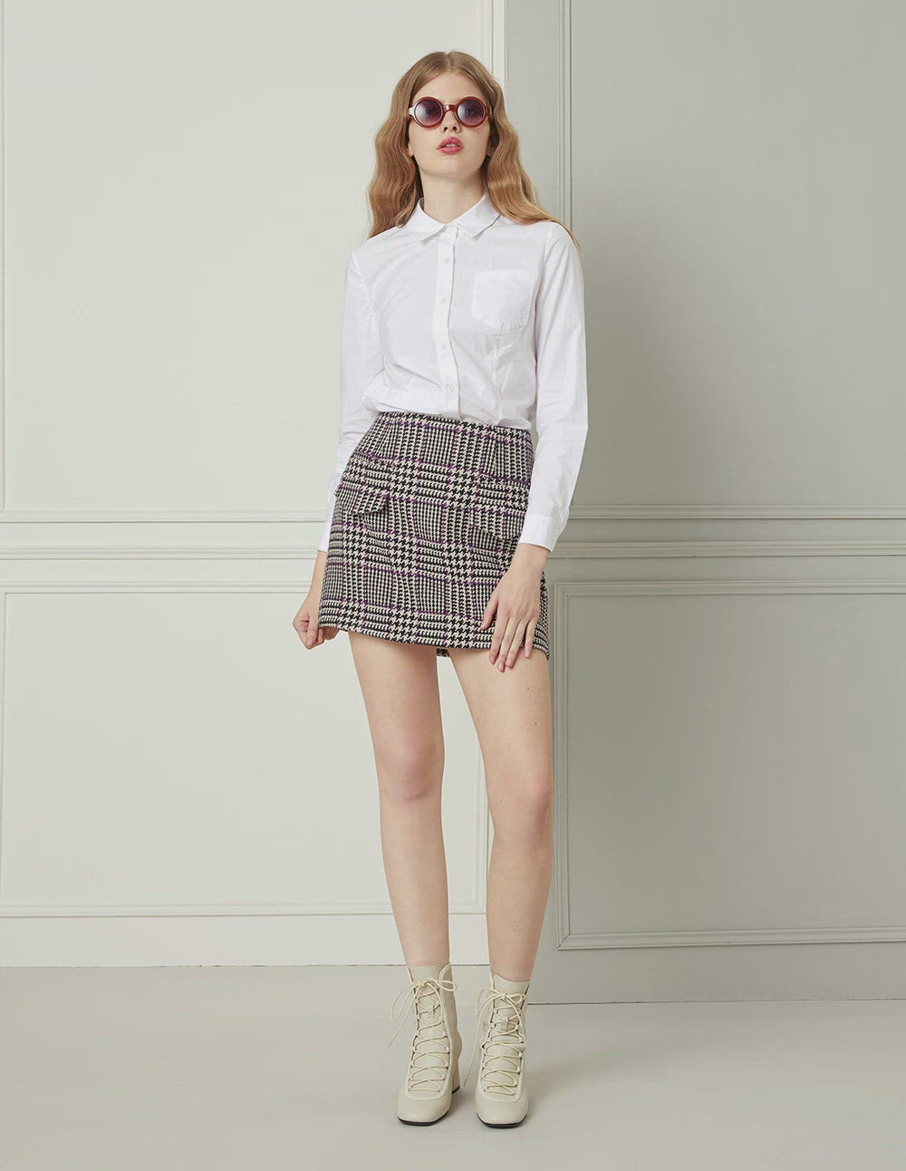 BORA AKSU Houndstooth Flap Pocket A-Line Mini Skirt