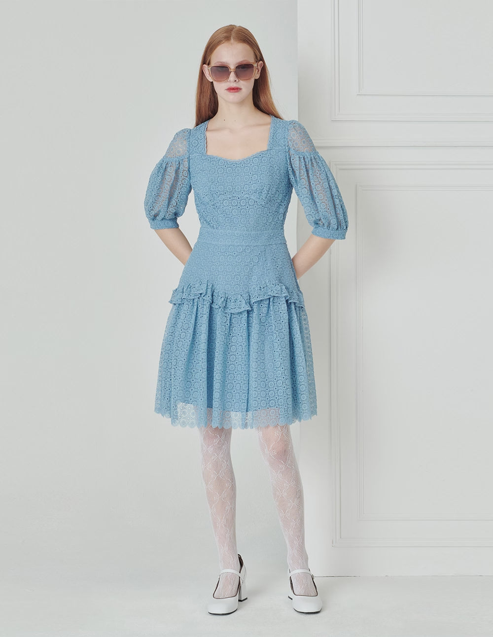 BORA AKSU Diamond Neck Ruffle Pleated Lace Dress