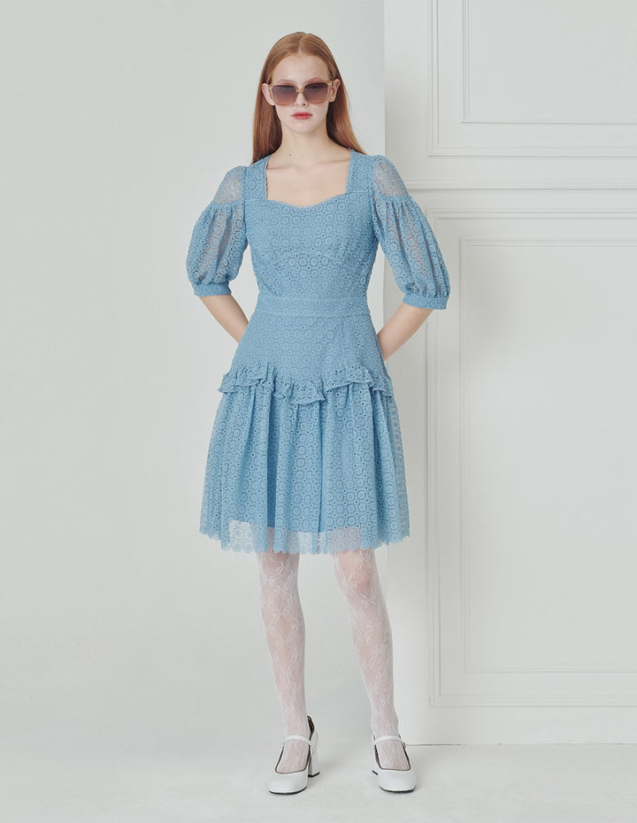 BORA AKSU Diamond Neck Ruffle Pleated Lace Dress