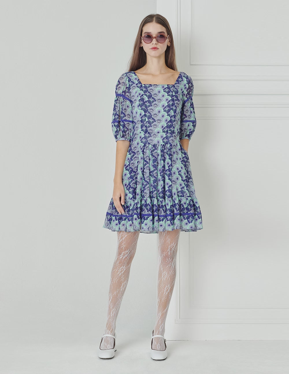 BORA AKSU Blue-Toned Japanese-Style Print Square-Neck Printed Pleated Dress