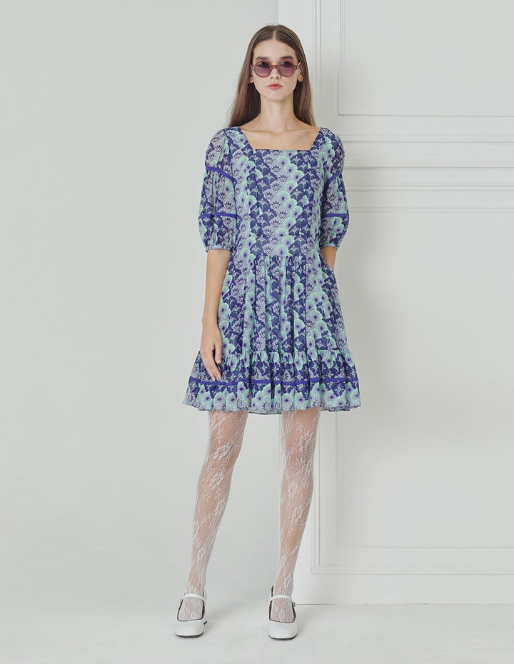 BORA AKSU Blue-Toned Japanese-Style Print Square-Neck Printed Pleated Dress